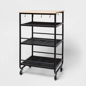 Brightroom Plastic Steel Wood 3 Shelves Hooks Storage Black Rolling Narrow
