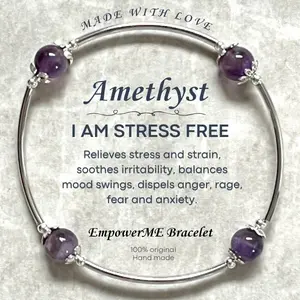 I AM STRESS FREE EmpowerME Bracelet - 8mm Amethyst soothes stress, irritability, balances mood swings, dispels anger, rage, fear and anxiety. Alleviates sadness and grief, and dissolves negativity.