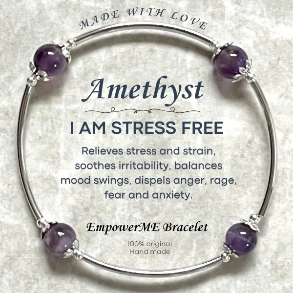 I AM STRESS FREE EmpowerME Bracelet - 8mm Amethyst soothes stress, irritability, balances mood swings, dispels anger, rage, fear and anxiety. Alleviates sadness and grief, and dissolves negativity.