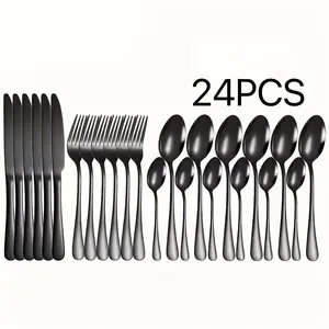 Stainless Steel Cutlery Set, 24pcs/set Including Fork, Knife, Spoon & Teaspoon, Tableware Set, Dinnerware Sets for Restaurant, Hotel, Family Gathering, Wedding, Birthday Party
