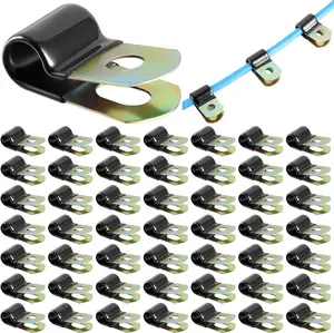 50 Pack Vinyl Coated Cable Clamps Galvanized Steel Cable Metal Wire Rubber Cushioned Insulated Hose Pipe Clamp for Tube Lines Wire Cord Installation(1/4 Inch,6mm)