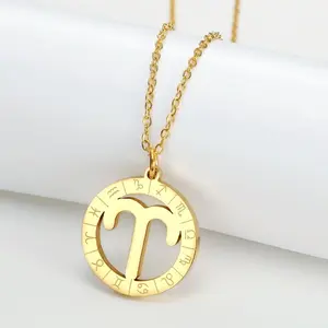 12 Zodiac Hollow Astrology Pendant Necklace with Steel Chain - Long Flexible, 1-Size, Unisex Casual Fashion Statement Costume Jewelry Accessory for Daily, Party Wear, Casual Necklaces