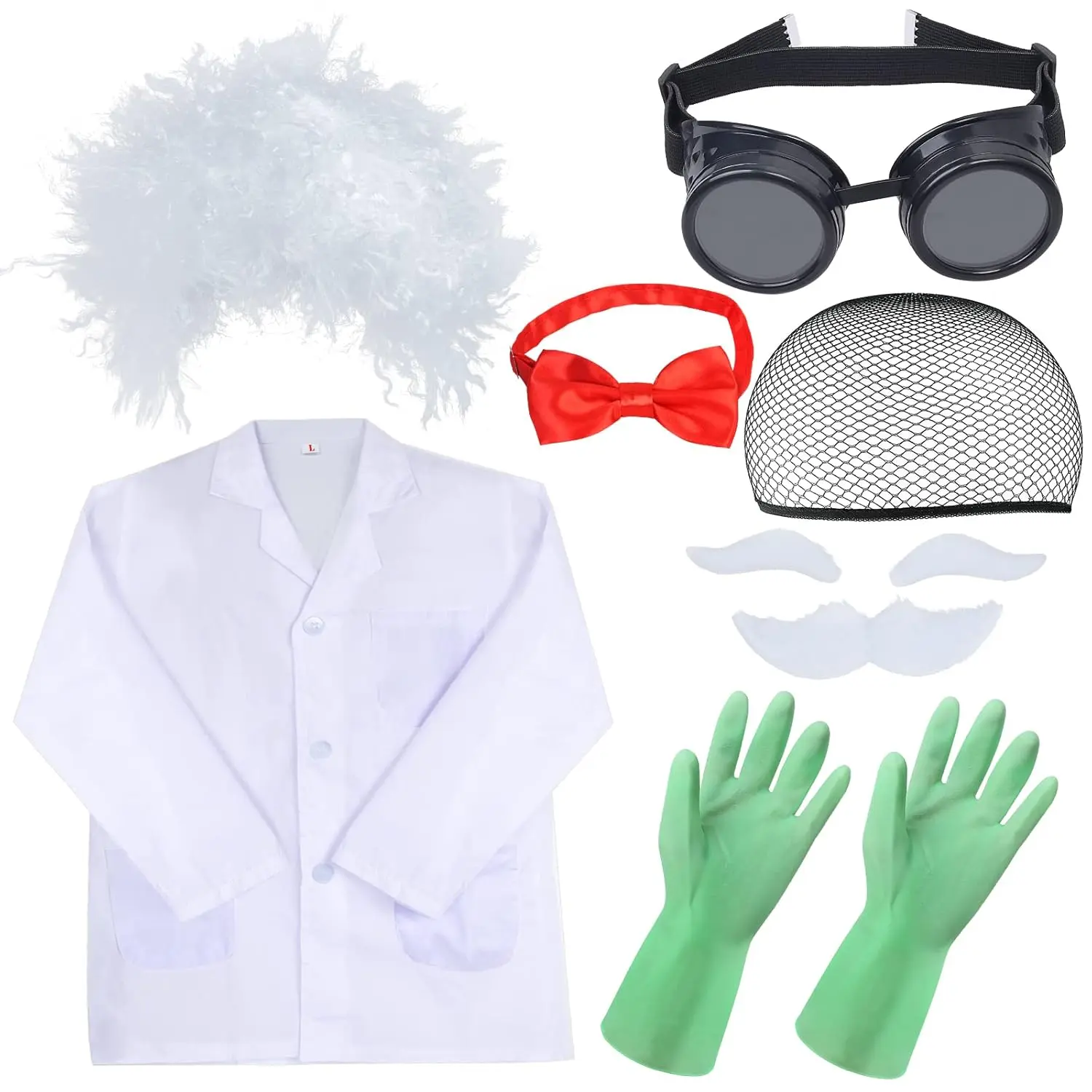 X-CPA01   Kids Mad Scientist Costume Wig Lab Coat Goggles for Halloween School Projects