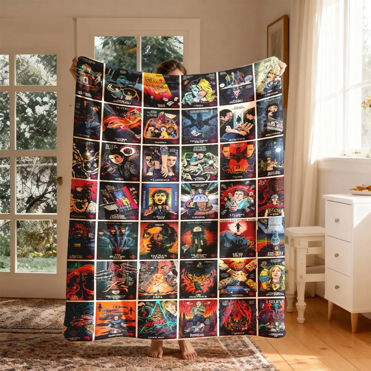 Stranger Things Retro Poster Plaid Patchwork Flannel Blanket, Large Size, Soft Lightweight Warm, Perfect for Bed Sofa Office Camping Travel Gift