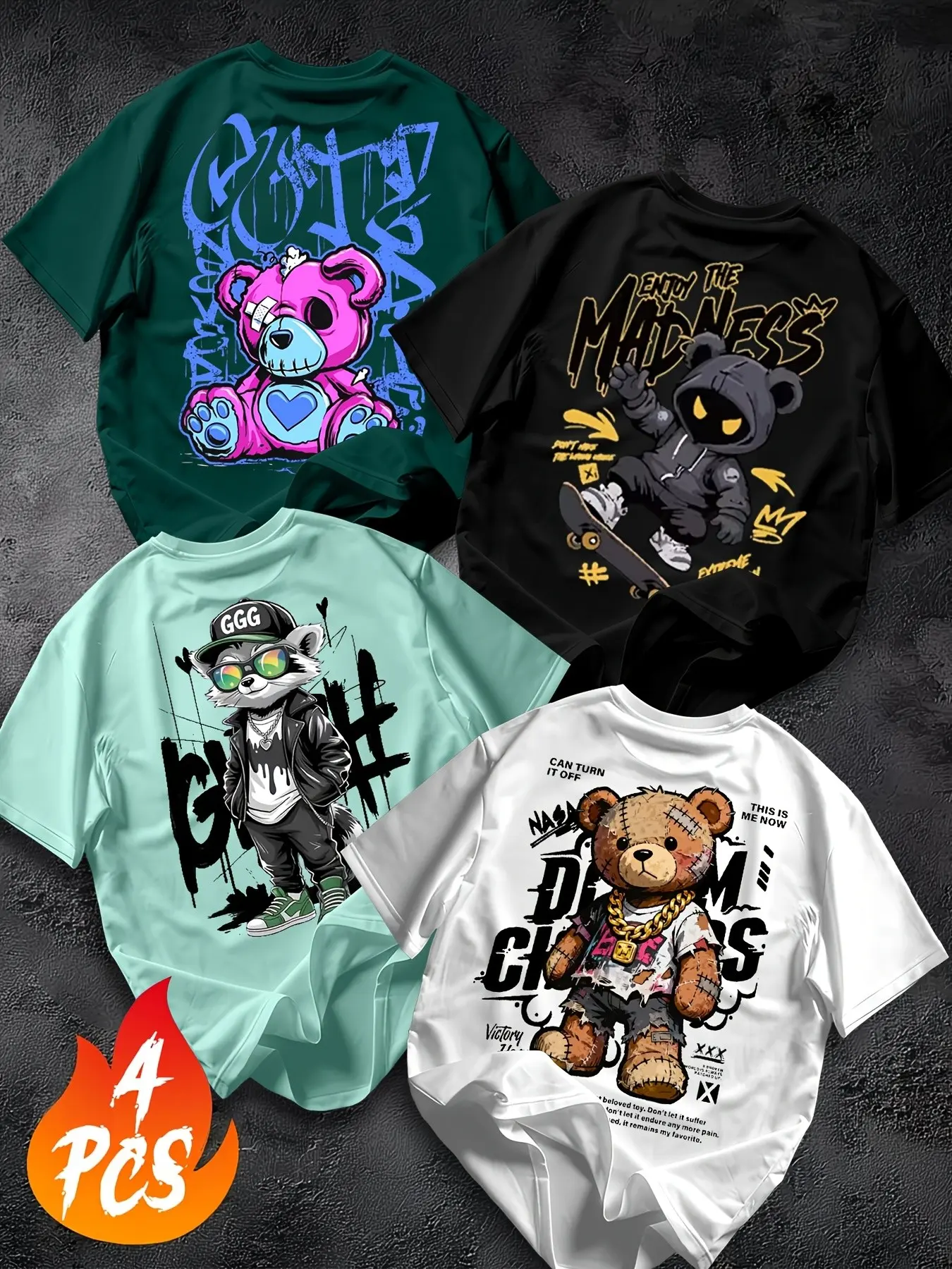 4-Pack Plus Size Men's T-Shirts, Menswear, Street Style Streetwear Cartoon Loose Fit Set, Casual Combo Tops, Long Lettuce Trim, Short Sleeve, All over Print, Cartoon Print Tee