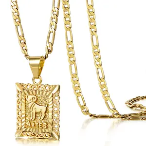 KISSYAN Zodiac Pendant Necklace for Women Men, 14K Gold Plated Square Constellation Sign Horoscope Figaro Chain Jewelry Birthday Gift