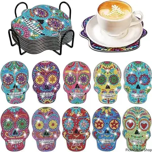 DIY Skull Diamond Painting Coasters with Display Rack, Decorative Wooden Tableware with Shiny Rhinestones, Handmade Craft for Home Office Coffee Table Use and Gifting