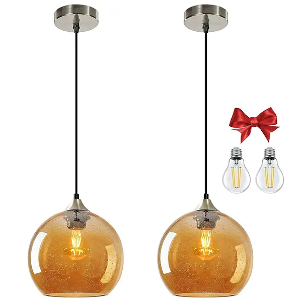 Large Amber Glass Pendant Light for Kitchen Island, Includes 2 Bulbs & 4.92FT Adjustable Cord, Modern Pendant Lighting Fixtures for Kitchen, Dining Room, Living Room(9.1in)