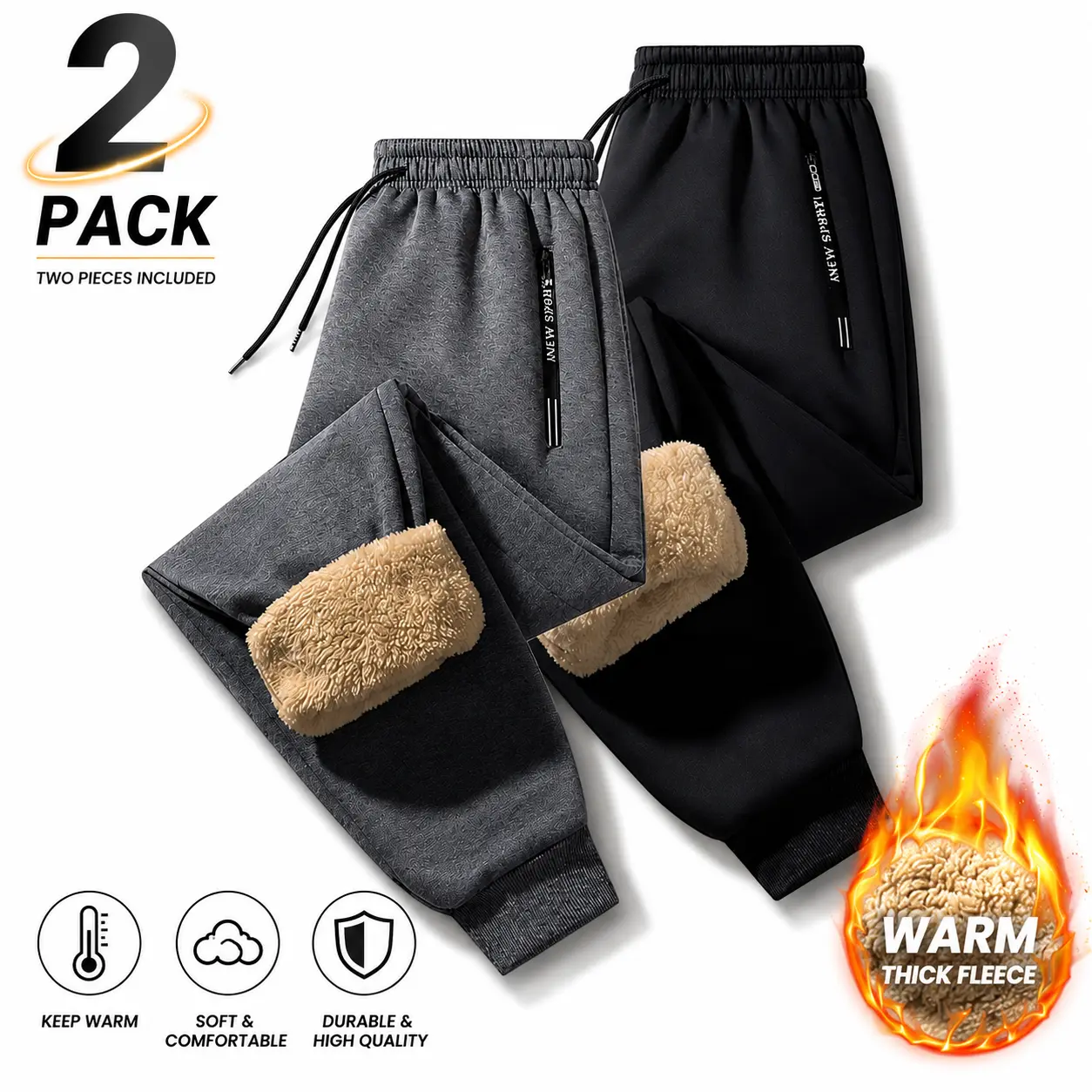 Men's 2-Pack Solid Fitted Fleece-Lined Thermal Jogger Pants - Warm, Soft Streetwear Sweatpants for Casual Wear (Light Gray+Black, Dark Gray+Black), Streetwear Joggers, Heavyweight Fleece Joggers