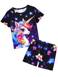 Girls' Short Sleeve Pajama Set, Unicorn Print, Comfortable Slim Fit, Cartoon Pattern, Casual Home Sleepwear, 2-Piece Set, Pajamas Loungewear, Soft Casual Pajamas