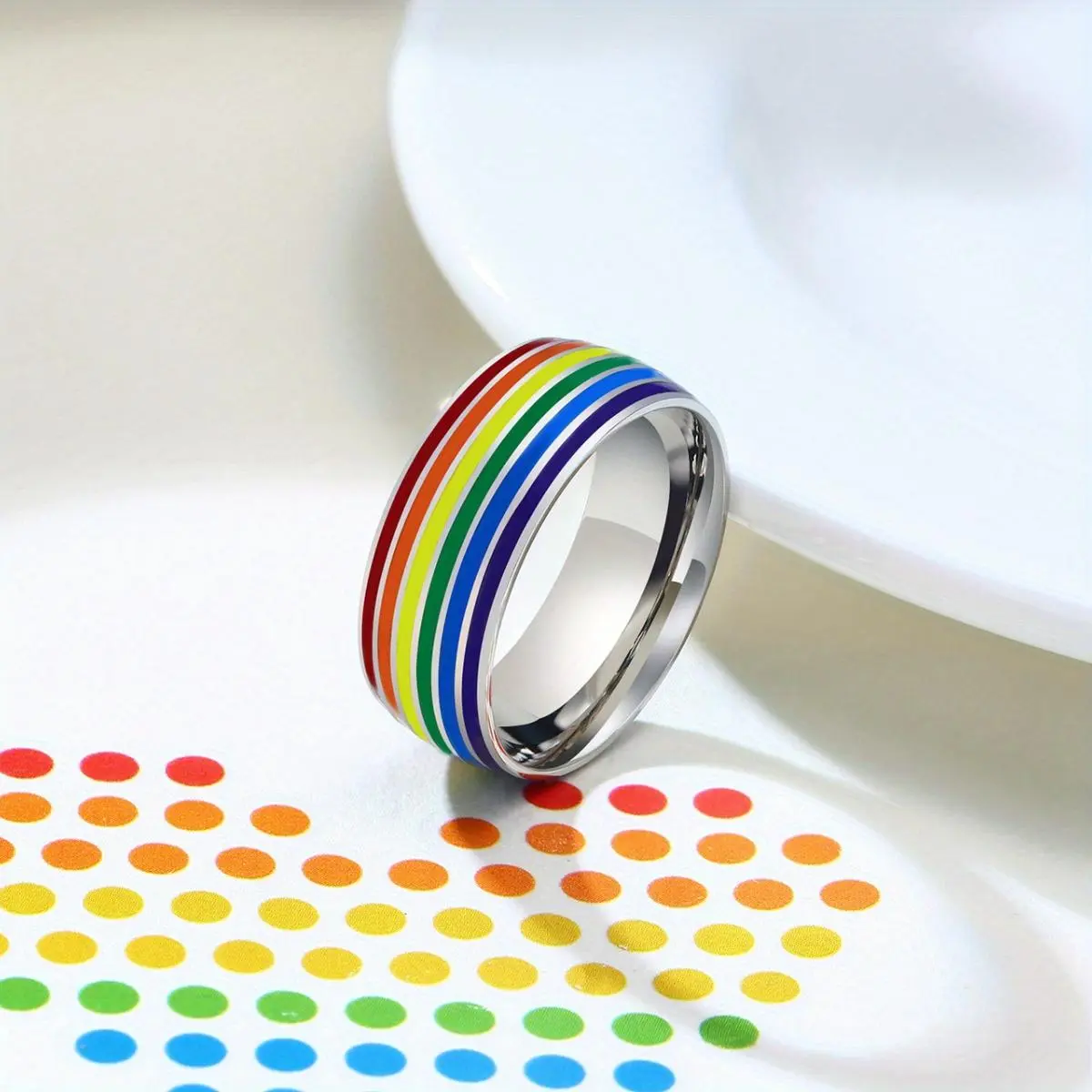 Men's Stainless Steel Statement Multi Ring - Drip-Effect Rainbow Stripes, Metal Geometric Stackable Jewelry Ring, Stainless Steel Jewelry, Business Casual Accessory, Pride Month Gift, Sizes 7-11, Metal Rings
