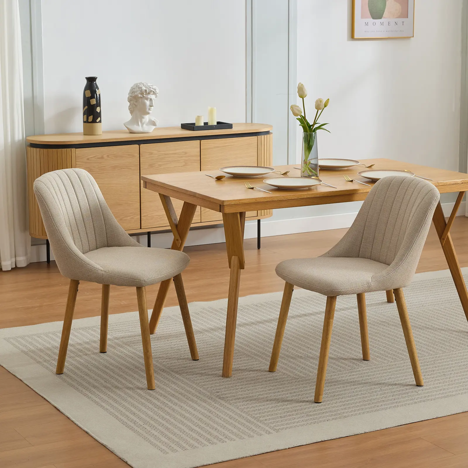 Modern Upholstered Fabric Dining Chairs Set of 2 - Transitional Modern Accent Table Chairs with High Back Support, 300lbs Capacity, Oak Wood Legs, Floor-Safe Pads, Polyester, Easy-Clean, Quick-Setup for Dining Room, Fabric Dining Chair