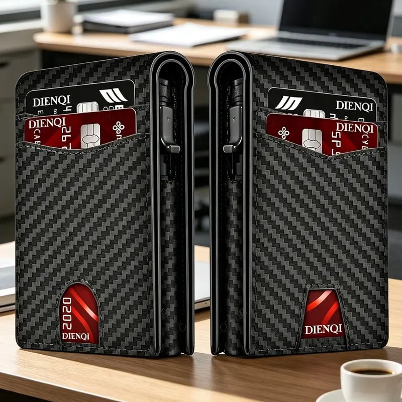 Pop-Up RFID Blocking Carbon Fiber Wallet for Men, Slim Minimalist Quick Access Credit Card Holder, Anti Scan Compact Secure Case