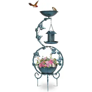 Outvita Bird Bath with Bird Bowl, Solar Bird Bath for Outside with Flower Planter Pedestal,Bird Feeder with Solar lamp for Garden Yard Lawn Decor (Blue) Summervibes