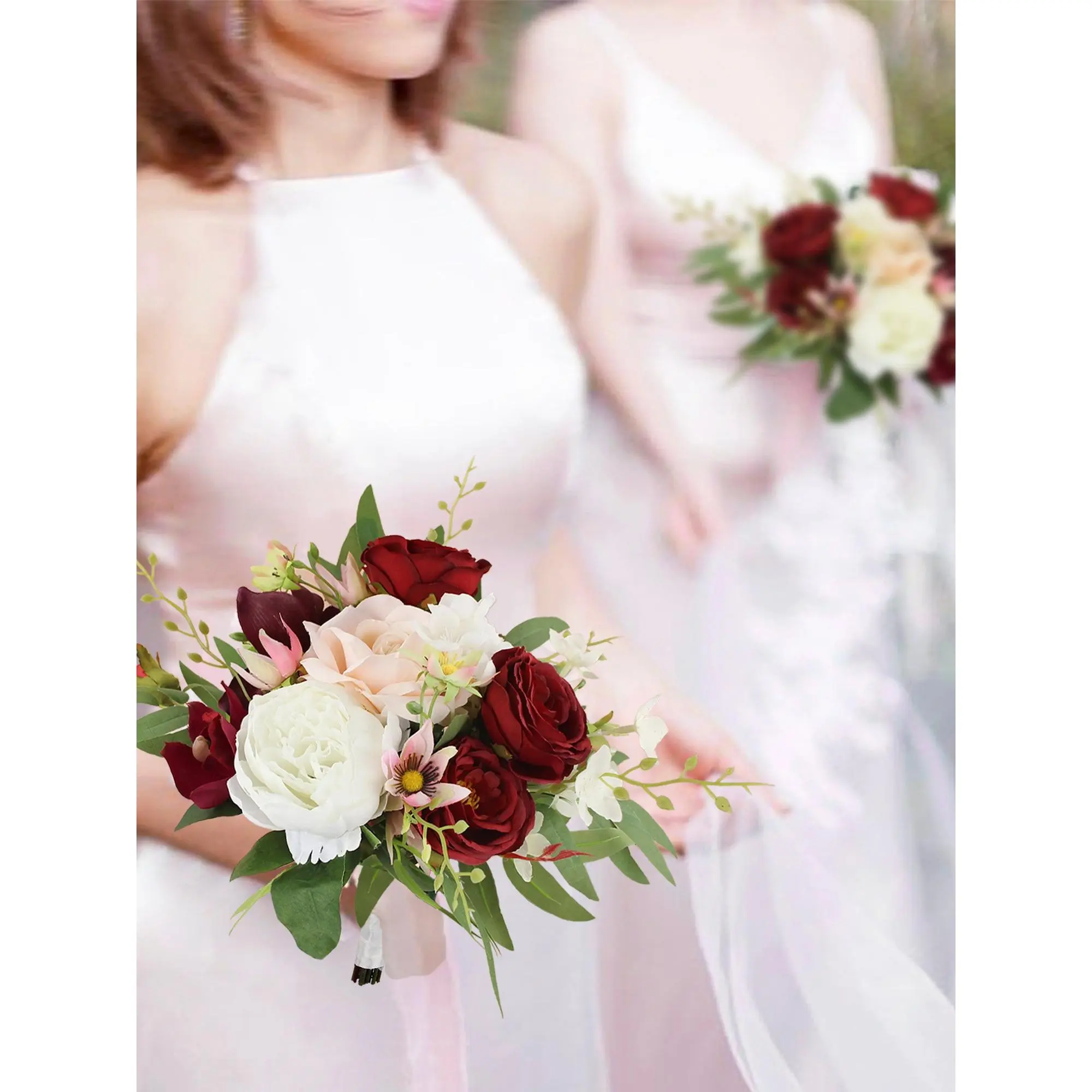 Rinlong 9.7in Wide Decorative Wine-Inspired Silk Cream Marsala Red Bridal Bouquet - Foam Flowers, Ribbon Accent, Deep Hue, Wedding Supplies for Weddings, Festive Parties, 9.7 inch w, May Arrive a Bit Deformed