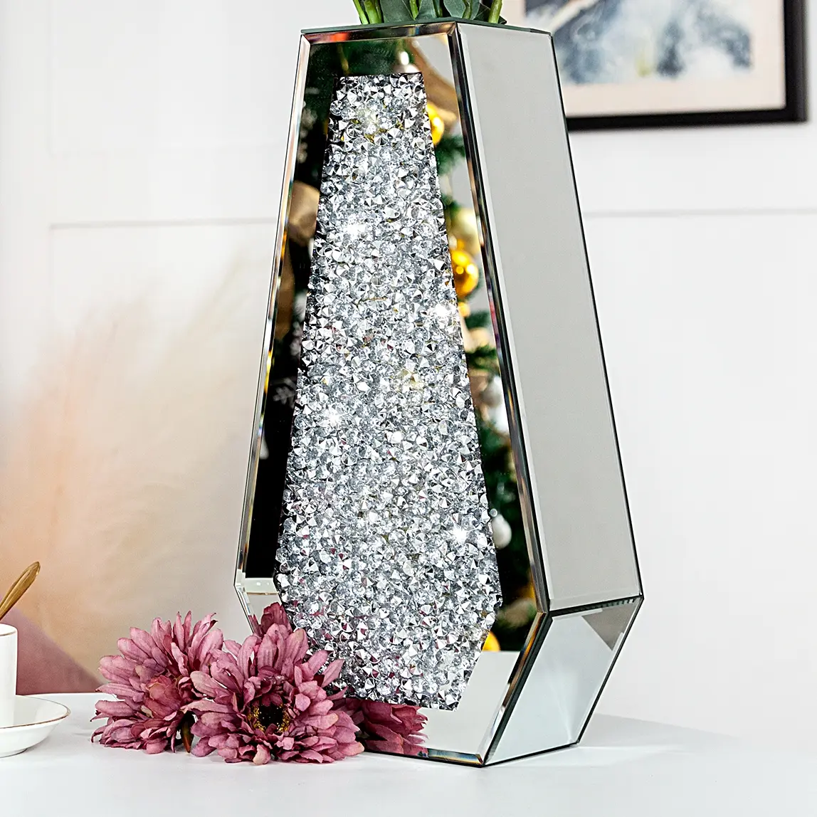 SHYFOY Luxury Crushed Diamond Crystal Glass Vase - 14" H Elegant Modern Home Decor Accessory, Glamorous Non-Water-Holding Flower Vase for Interior Decoration Centerpiece