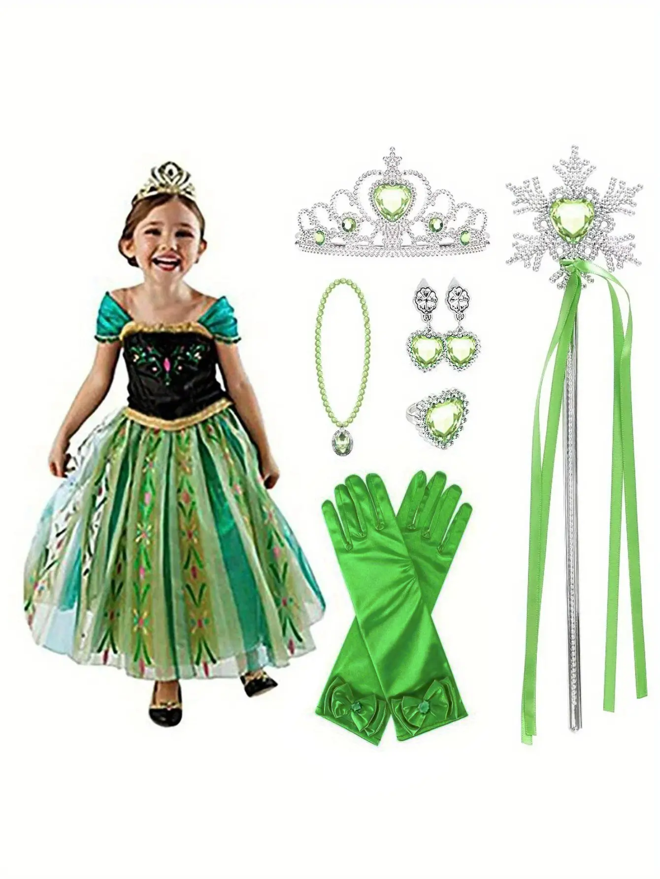Girls' Silky Shiny Green Square Neck Princess Tulle Gown - 7-Piece Party Costume Set with Earrings, Crown & Wand Set, Party Costume Accessory for Halloween, Birthday, All Seasons