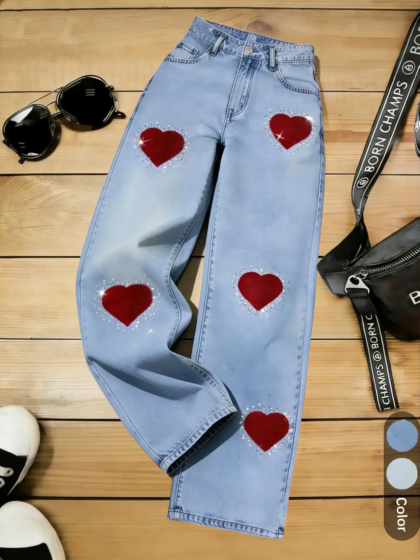 Women's Valentine's Day Themed Wide-Leg Pants with Button, Fit Denim Jeans with Heart Embellished and Rhinestone Design, Casual Streetwear for Daily Wear and Dates
