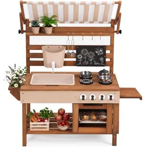 Best Choice Products Deluxe Wooden Outdoor Mud Kitchen for Kids w/ Canopy, Water Tank, Faucet & 11pc Accessories