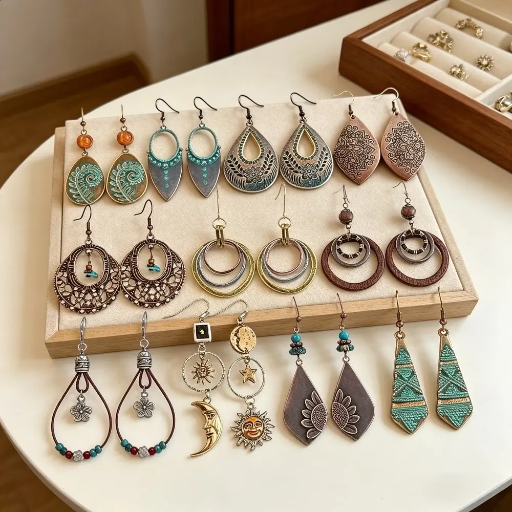 11 Pairs Boho Vintage Drop Dangle Earrings Set, Flower Teardrop Sun Moon Geometric Ear Jewelry, Fashion Retro Ear Ornaments for Women, Ideal Gift for Holiday Party Daily Dating Wear