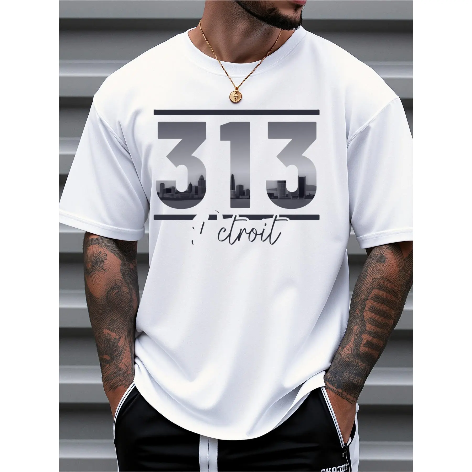 Mens 313 Detroit Cityscape Printed Cotton T-Shirt - Menswear, Basic Undershirt, Short-Sleeve Crew Neck, 100% Pure Cotton, Casual Comfy Breathable, Suitable for Summer Daily & Outdoor Wear
