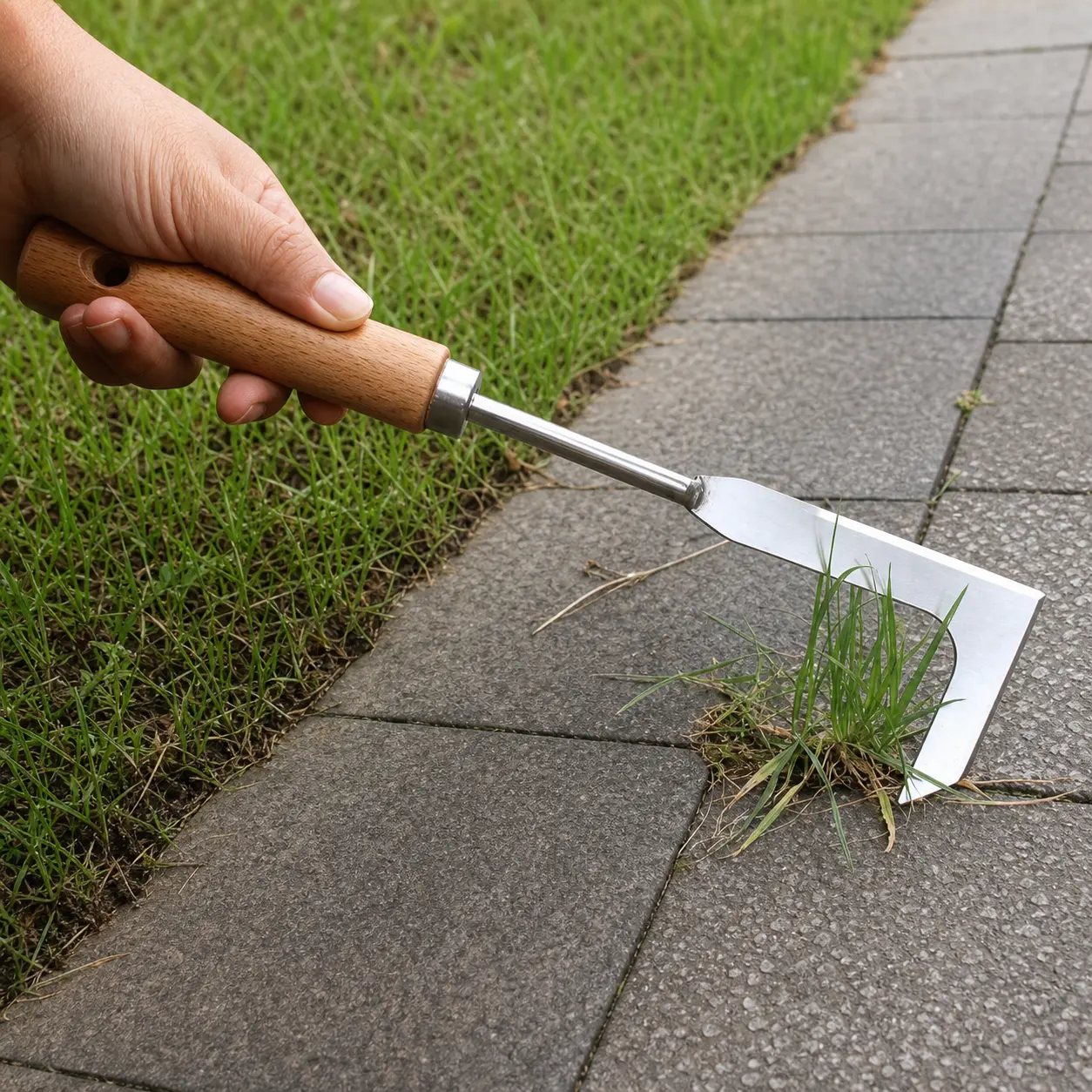 Heavy Duty Stainless Steel Crack Weeder Tool with Ergonomic Wooden Handle, Manual Weed Puller for Sidewalk Cracks, Patio, Driveway, Garden Beds & Walkways, Deep Root Weed Removal Tool