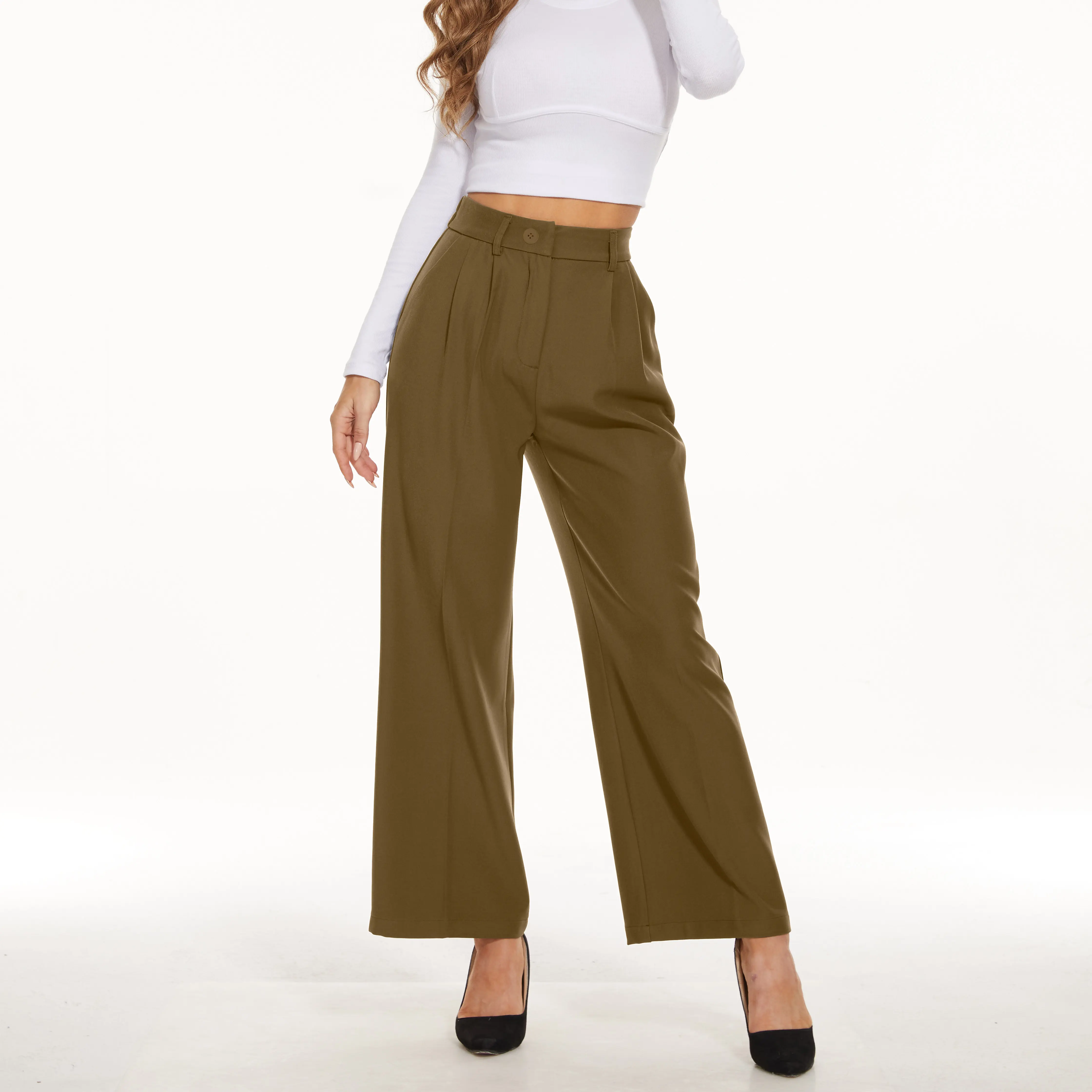 KICZOY Women's Petite High-Waisted Woven Trousers, Pleated Wide-Leg Business Casual Pants with Pockets, Button