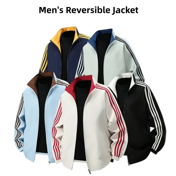 Men's Reversible Striped Track Jacket, Stand Collar Zip Up Loose Fit Windbreaker, Double Sided Wear Athletic Outerwear, 3-Strip Raglan Sleeve Casual Streetwear Jacket For Daily Sports Outdoor