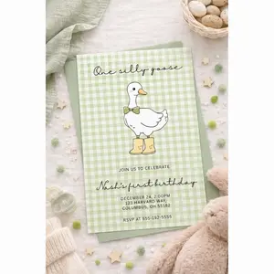 One Silly Goose First Birthday Invitation Adorable Goose with Bow Tie & Rain Boots Green Gingham Background Baby Boy Party 5x7 Size with Envelopes