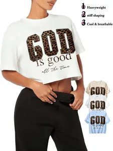 Women Leopard God Is Good All The Time Graphic Loose Cropped T-Shirt, Faith Letter Print Crew Neck Short Sleeve Crop Top, Soft Breathable Cotton Casual Summer Tee