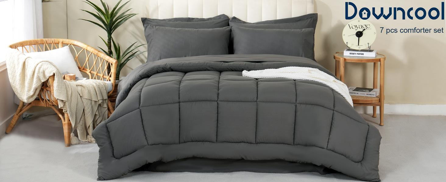 【Valentines' Day】DOWNCOOL 7Pcs Comforter Sets, All Season Bed in a bag ,  Multi-color Down Alternative Bedding Comforter Sets with Comforter, Flat Sheet, Fitted Sheet, 2 Pillow Shams & 2 Pillowcases, Summer Turn Up Pink Bedroom Accessories