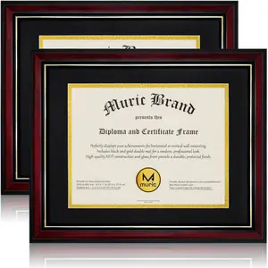 Diploma Frames 8.5 x 11 with Mat Set of 2 Solid Wood Degree frame Covered by Plexiglass, Certificate Frame 11x14 Without Mat, Picture Frame for Wall and Tabletop, Cherry Red with Gold Edge