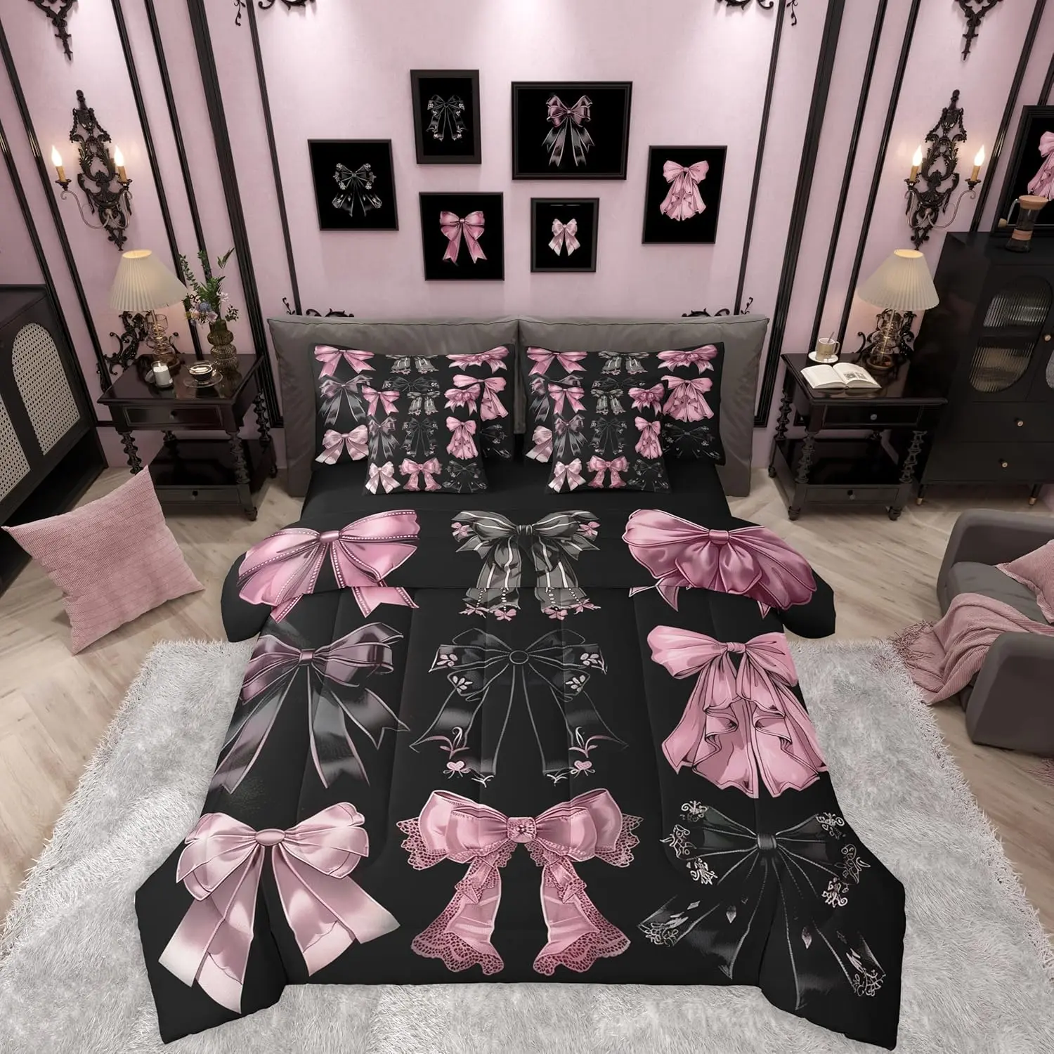 Feelyou 7-Piece Black and Pink Bow Microfiber Bedroom Bedding Set - Ultra Soft, Breathable, Durable Bedspread Set with Multi-Size Sheets & Comforter for Teens