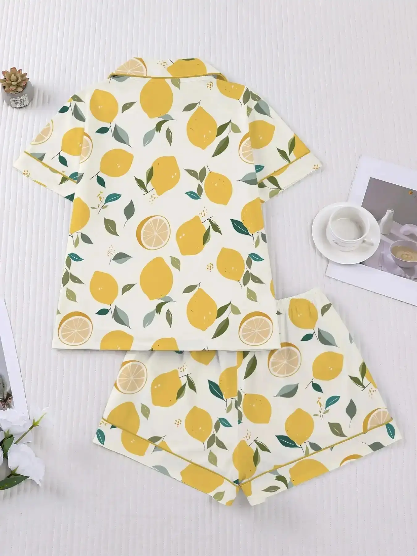 Women's Lemon Print Pajama Set, Short Sleeve Button Front Top & Elastic Shorts, Elegant Fitted Sleepwear, Loungewear, Comfortable Home, Pyjamas date night spring summer loose fit minimalist
