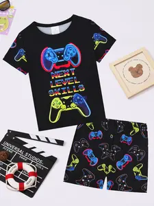 Boys Game Joystick Print Round Neck Short Sleeve Pajama Set, Snug Fit Pajamas, Soft Breathable Fabric, Suitable for Ages 2-12, Casual Fitted Style