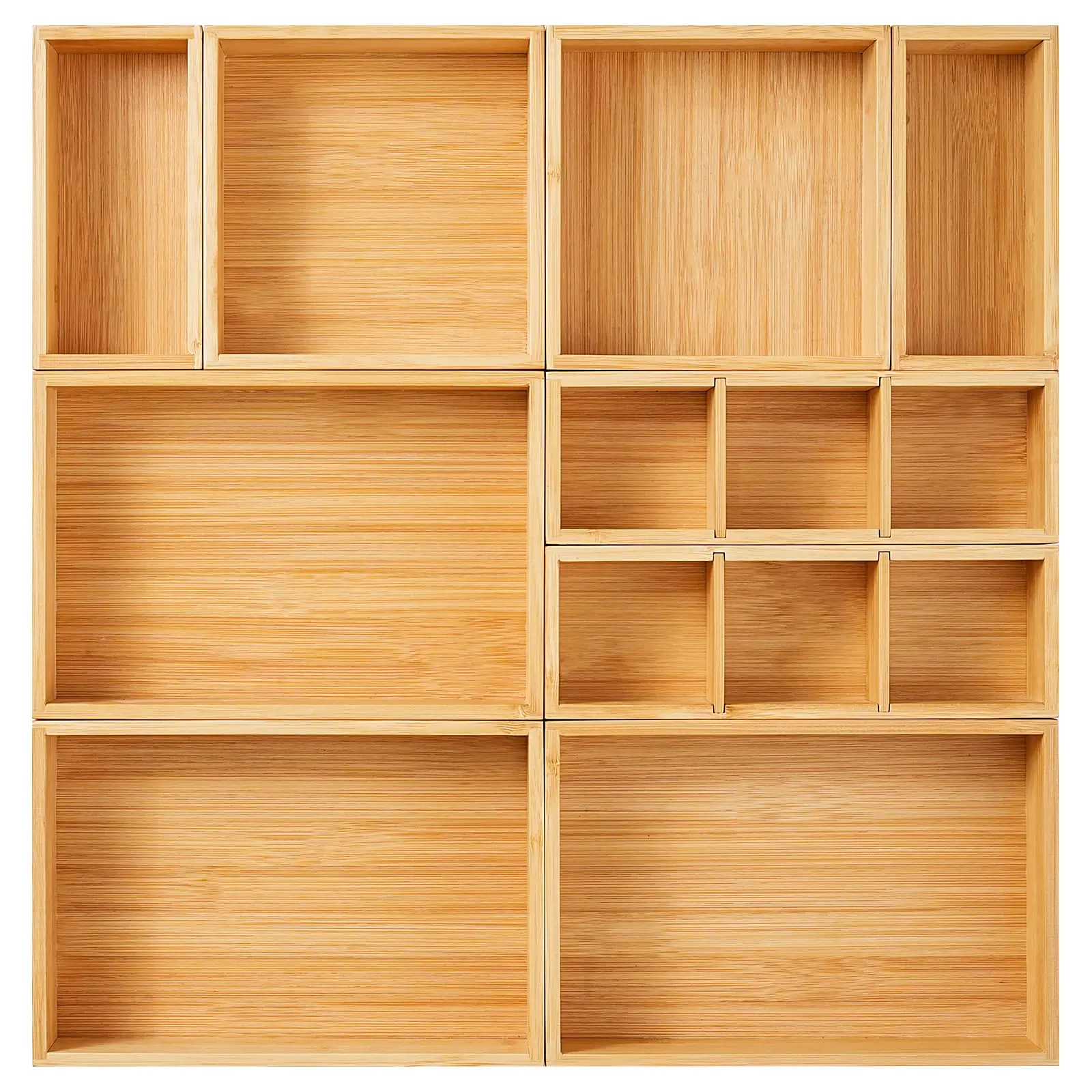 Drawer Organizer, Set of 9 Bamboo Wood Kitchen Makeup Desk Junk Tea Drawer Storage Boxes Bins for Cutlery Silverware Utensils Flatware, Small Wooden Container Tray for Bathroom, Office