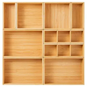 Drawer Organizer, Set of 9 Bamboo Wood Kitchen Makeup Desk Junk Tea Drawer Storage Boxes Bins for Cutlery Silverware Utensils Flatware, Small Wooden Container Tray for Bathroom, Office