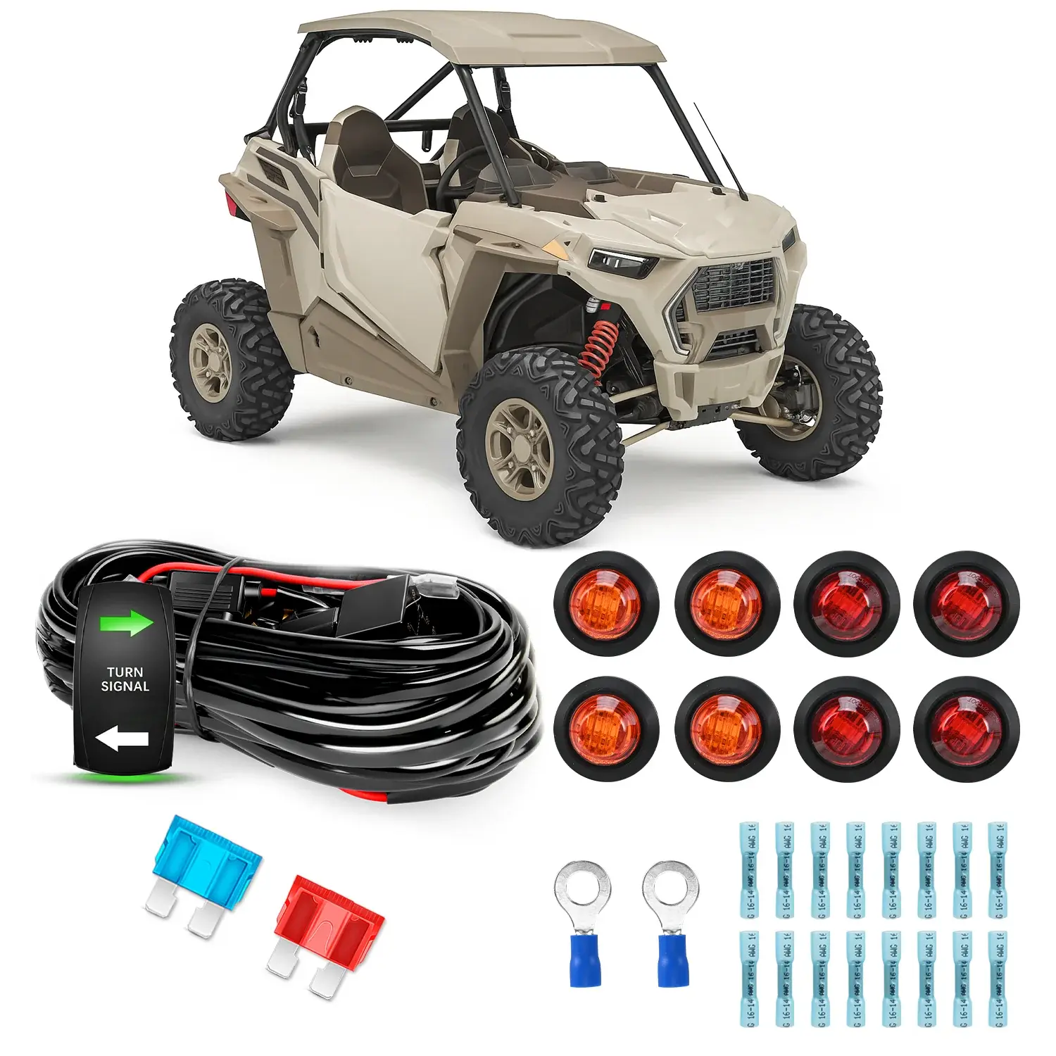 Nilight UTV ATV Turn Signal Wiring Harness Kit - Street Legal Flasher Relay, Vertical Rocker Switch, Red & Yellow Rear LED Lights, Green Backlit LEDs, ABS Component for Polaris, Kawasaki, Can Am Commander, Golf Cart Car Lighting Accessories, Rear Lights,
