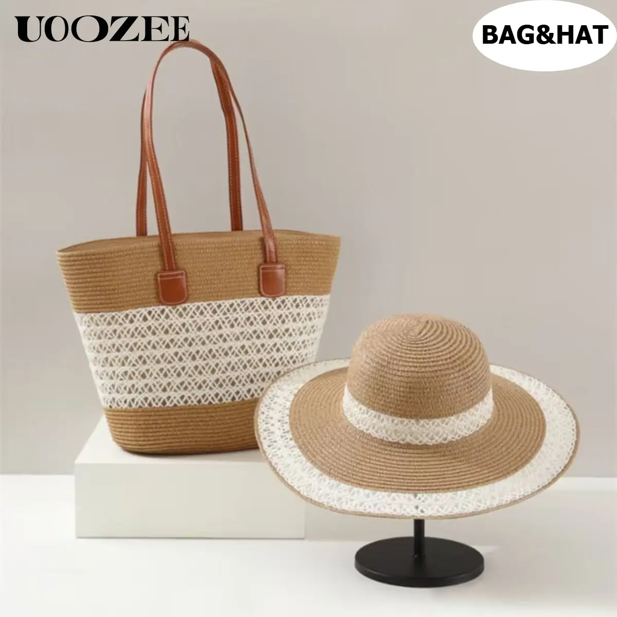 UOOZEE 2026 New 2-Piece Bohemian Straw Bag Set - Large-Capacity Lightweight Beach Straw Boho Shoulder Tote with Leather Handles, Wide-Brimmed Sun Hat for Beach Photos, Lightweight Beach Bag