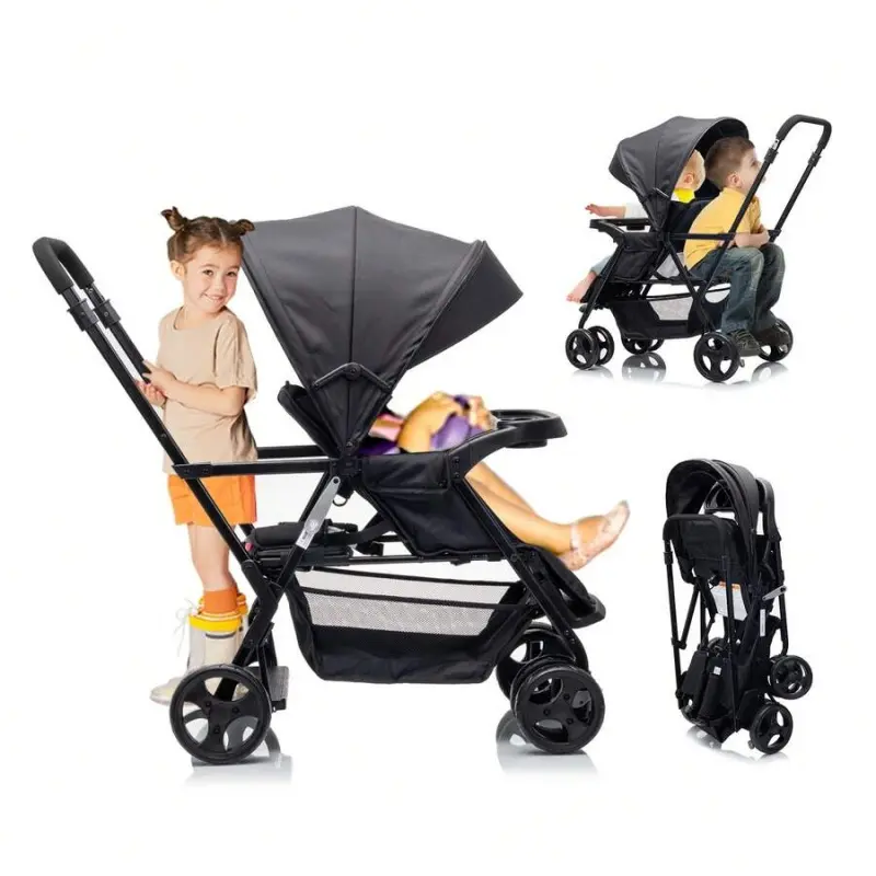 Sit-Stand Double Travel Stroller for Newborns - Lightweight Strollers with Folding Option, 5-Point Harness, Canopy, Tray, Storage Basket, Standing Platform
