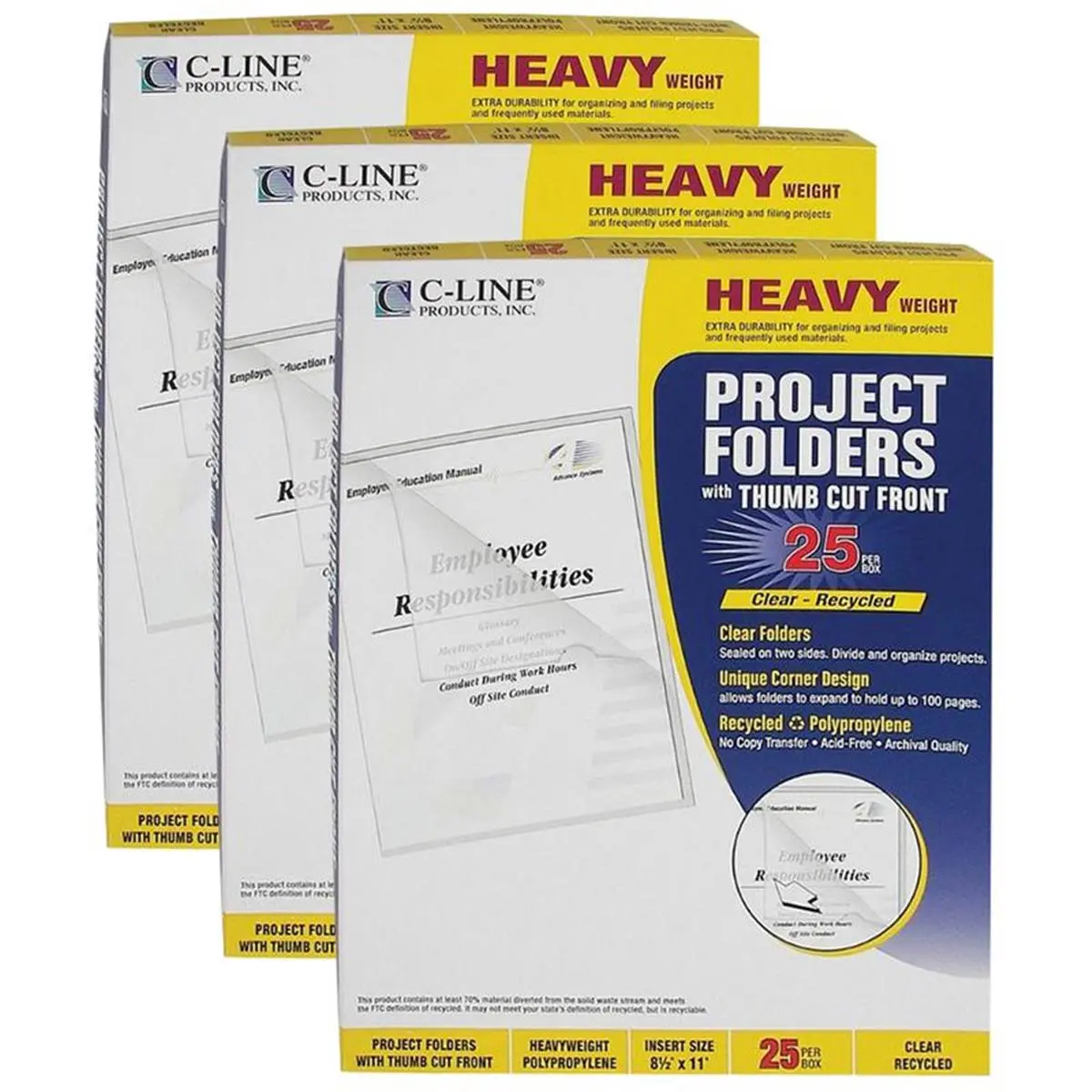 C-line Products Transparent Tear-Proof Recycled Plastic File Storage Document Folders - 3 Count, Bulk Option for Organizing Files, Document Folder