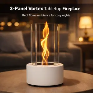 3-Panel Tabletop Tornado Flame Fire Pit Adjustable Flame 45-150 Mins Burn Time Smokeless Odorless Metal Base w 3 Combustion Chambers Great for S'mores Indoor Outdoor Ambience