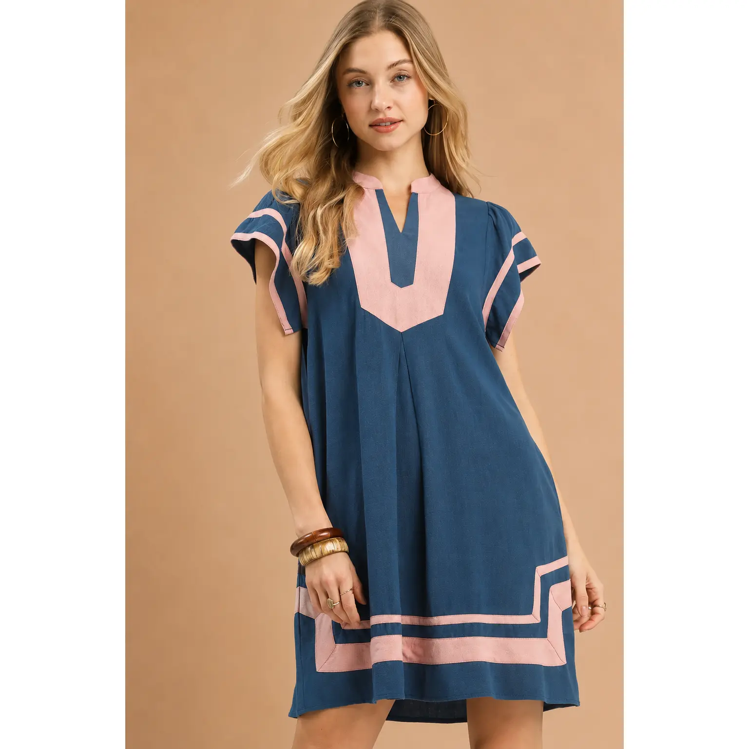 Umgee Linen Contrast Trim Short Sleeve Dress