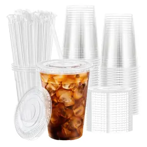 Disposable 16oz Plastic Cup with Lid & Straw, 25pcs Disposable Tableware Drinking Cup Set for Cold Drink, Ice Coffee, Smoothie, Party, Daily Use, Clear Plastic Dessert Cups, Pop Cups, Party Supplies, Cups Pack