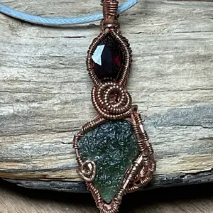 Moldavite and Garnet Copper Wirewrap pendant