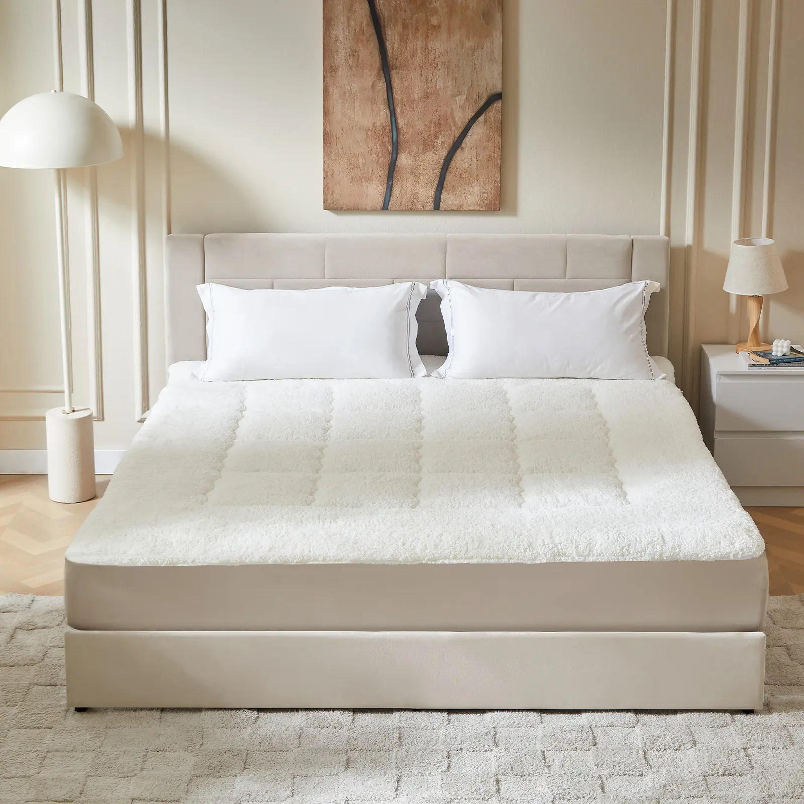 Pinmoco Thick Fitted Sheet Mattress Pad, Fluffy Pillow Top Comfort Layer, Cozy Warm-Retaining Sherpa Mattress Topper, Thick Fleece Mattress Pad Cover Two-sided Pillow Top Mattress Protector Keep Warm, Machine Washable