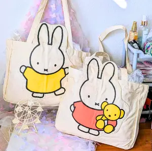 Miffyy Bunny Canvas Tote Bag | Zipper Top | Multiple Pockets Anime Cartoon Bag | Kawaii Girly Fashionable Accessory