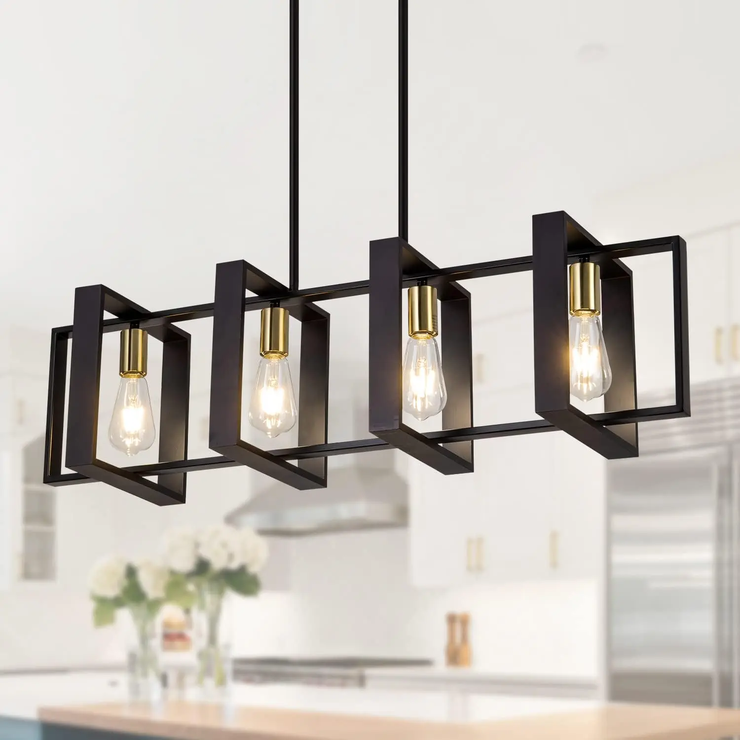 Farmhouse Kitchen  Lighting Black Chandeliers for Dining Room Wooden  Lights,Industrial Rectangle Light Fixtures Ceiling Hanging (4 Lights)