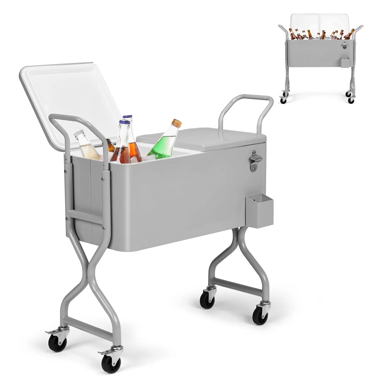 80 Qt Plastic & Stainless Steel Hard Cooler with Wheels and Handle - 80 Qt Capacity Heat-Insulating Portable Wood Grain Outdoor Beverage Cart, Shelf, Bottle Opener, Easy Assembly, Water Draining, Ideal for Camping, Sports & Leisure