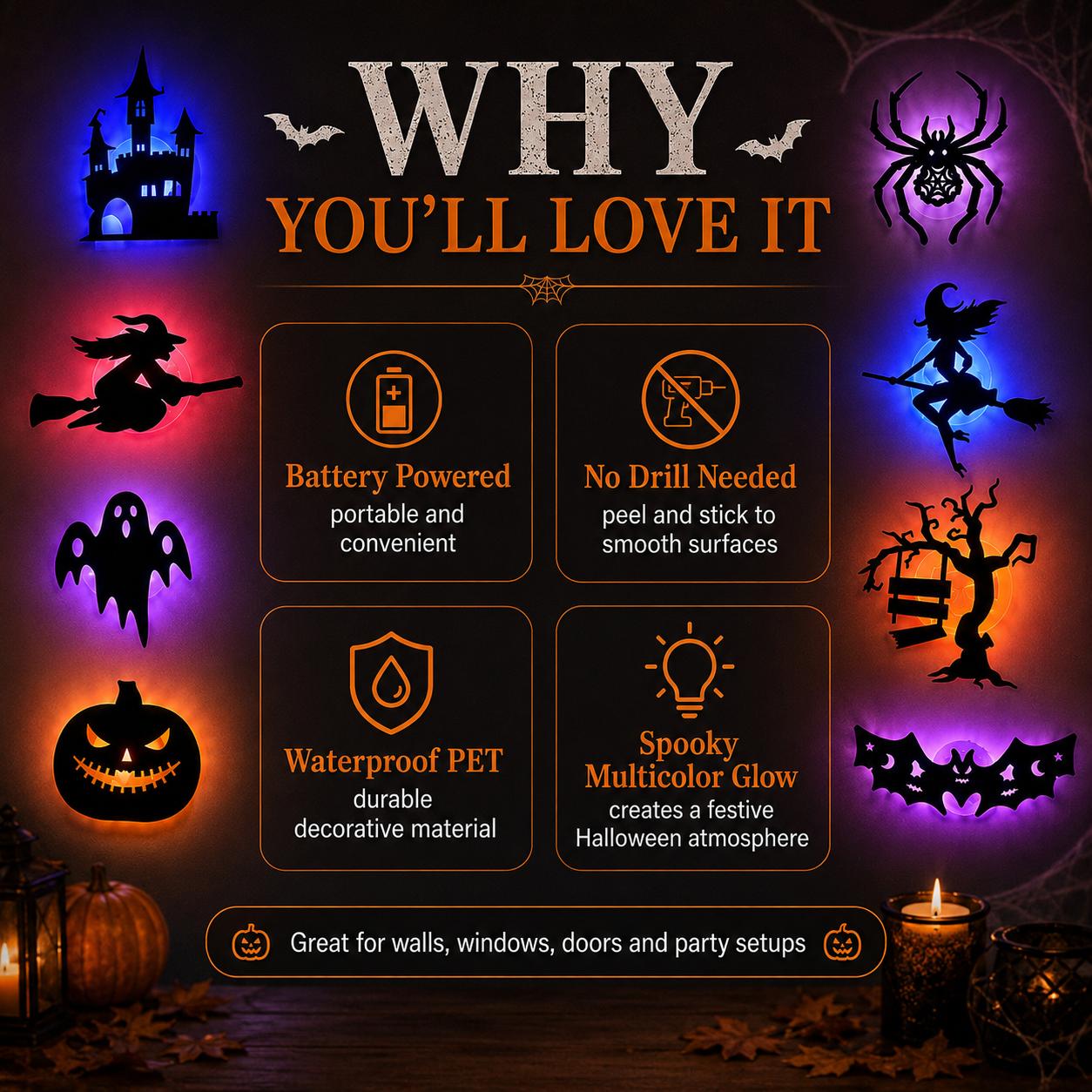 Halloween LED Silhouette Wall Light Stickers, Battery Powered Peel & Stick Decor Lights, No Drill PET Waterproof Wall Decor, Spooky Ghost Pumpkin Witch Bat Castle Spider Tree Ornaments for Home Window Door Party, 9/18/27 Pack Available Halloween LED Silhouette Wall Light Stickers, Battery Powered Peel & Stick Decor Lights, No Drill PET Waterproof Wall Decor, Spooky Ghost Pumpkin Witch Bat Castle Spider Tree Ornaments for Home Window Door Party, 9/18/27 Pack Available